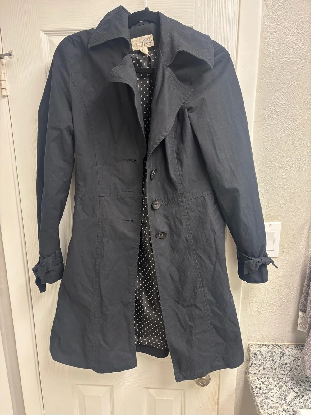 Guess Black Trench Coat with Polka Dot Lining